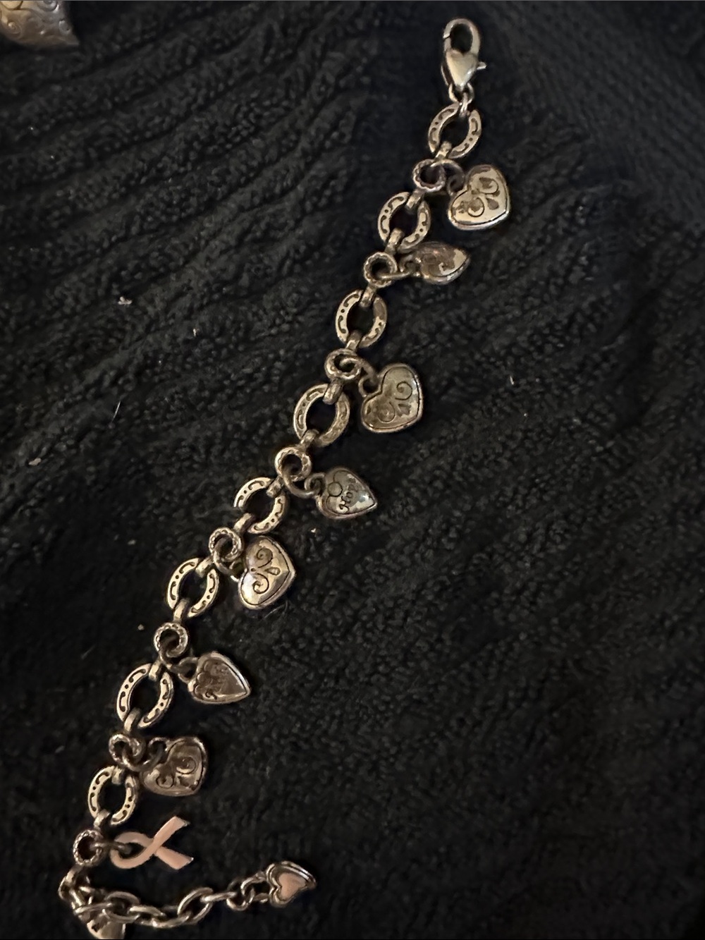 Brighton Silver-Tone Heart Charm Bracelet with Ribbon Accent